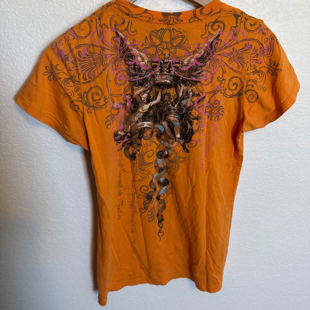 Y2K Cyber Grunge Hierarchy Couture Rhinestone Graphic Tee Large Orange - Picture 3 of 4